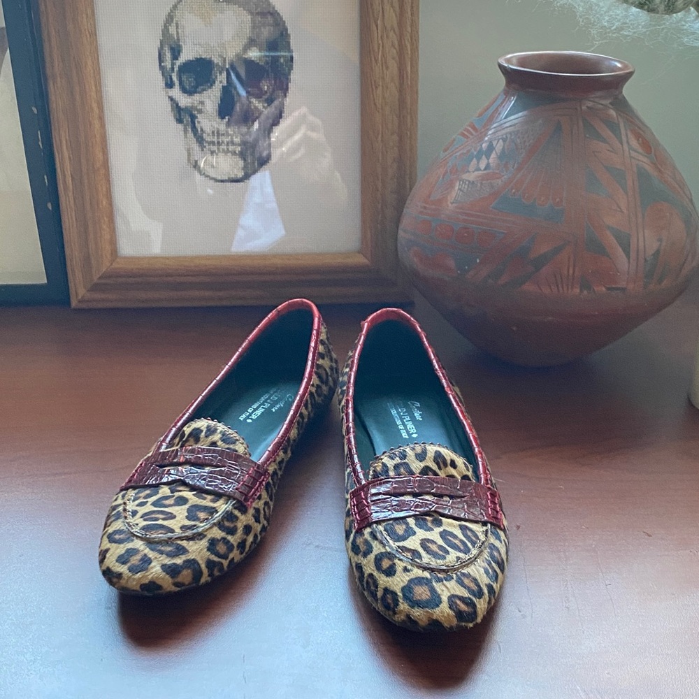 Donald J Pliner Leopard Print Penny Loafers with Red Crocodile Trim